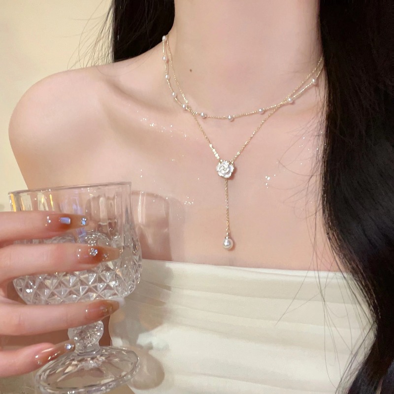 Y2K Double Layer Camellia Flow - Layered Pendant Necklace Aesthetic recension och pris